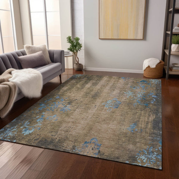 HomeRoots 8' X 10' Taupe and Blue Floral Washable Area Rug - Durable, Stylish for Indoor & Outdoor Use! 621029