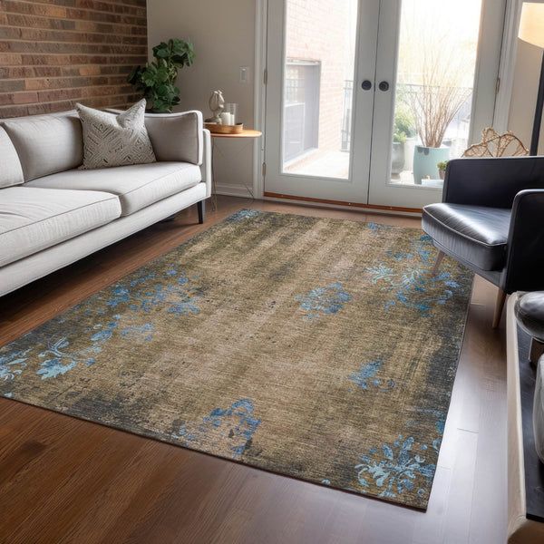 HomeRoots 9' X 12' Taupe & Blue Floral Washable Area Rug - Durable, Stylish for Indoor/Outdoor Use! 621030
