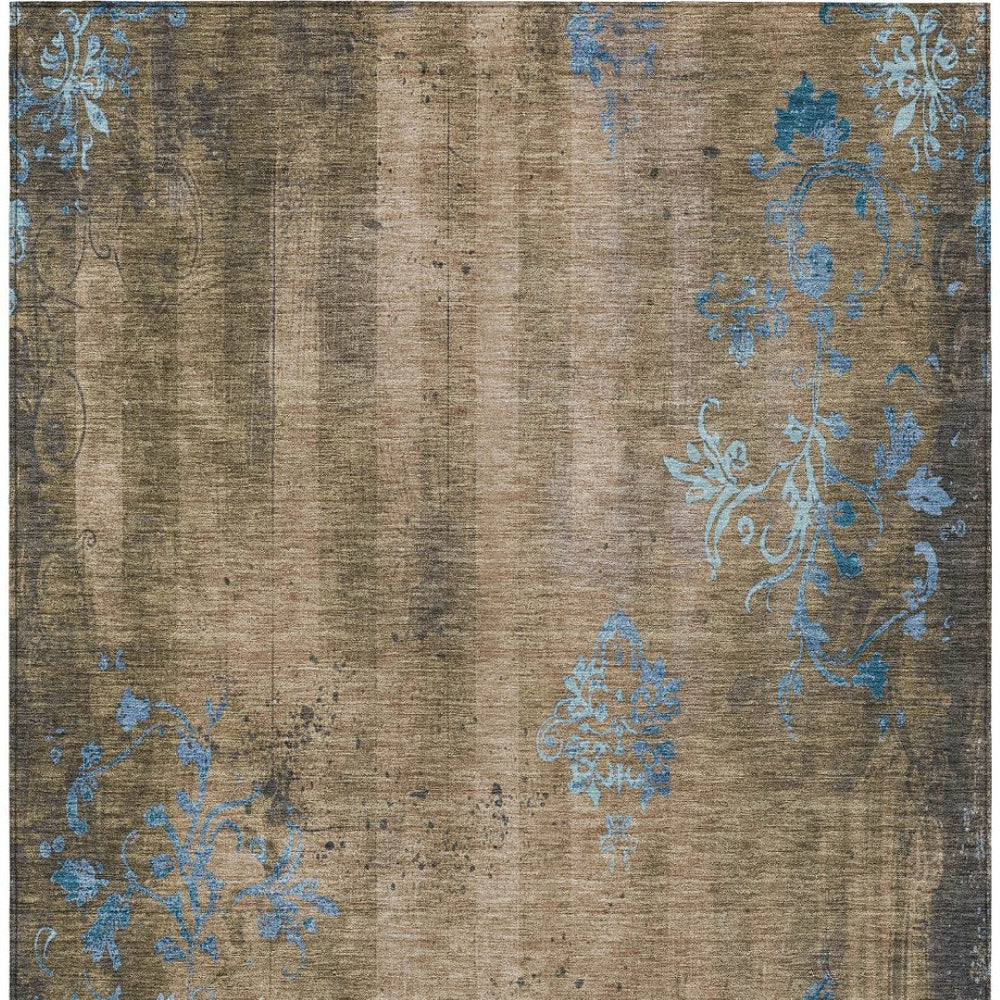 HomeRoots 10' Taupe and Blue Floral Washable Area Rug - Durable Indoor Outdoor Design for Timeless Elegance 621031