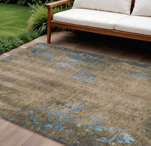 HomeRoots 10' Taupe and Blue Floral Washable Area Rug - Durable Indoor Outdoor Design for Timeless Elegance 621031