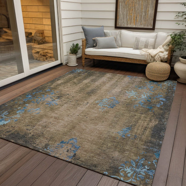 HomeRoots 10' Taupe and Blue Floral Washable Area Rug - Durable Indoor Outdoor Design for Timeless Elegance 621031
