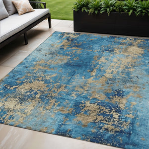 HomeRoots 5' Blue and Beige Abstract Washable Area Rug - Durable, Stylish, Perfect for Indoor & Outdoor Spaces 621033
