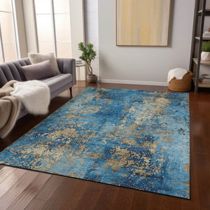 HomeRoots 5' Blue and Beige Abstract Washable Area Rug - Durable, Stylish, Perfect for Indoor & Outdoor Spaces 621033