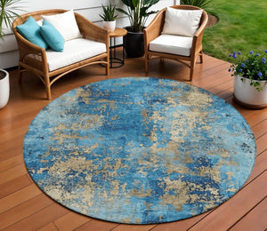 HomeRoots 8' Round Abstract Area Rug in Blue & Beige - Stylish, Washable, and Durable for Indoor/Outdoor Use 621034