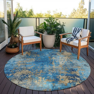 HomeRoots 8' Round Abstract Area Rug in Blue & Beige - Stylish, Washable, and Durable for Indoor/Outdoor Use 621034