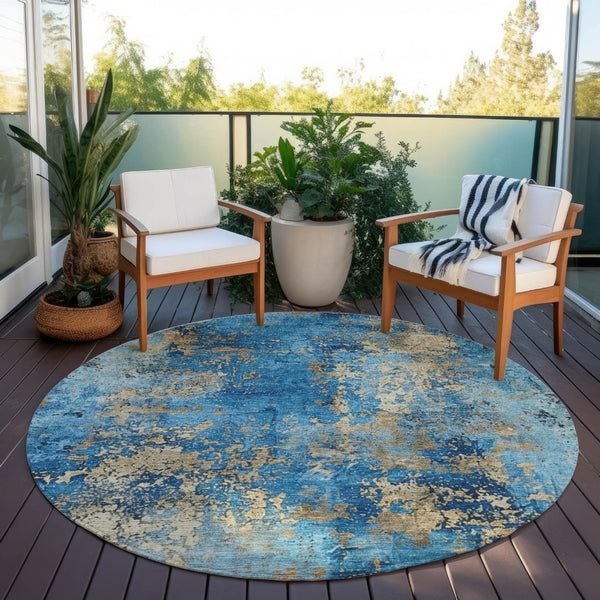 HomeRoots 8' Round Abstract Area Rug in Blue & Beige - Stylish, Washable, and Durable for Indoor/Outdoor Use 621034