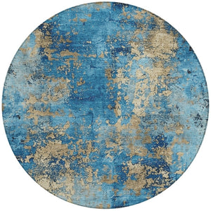 HomeRoots 8' Round Abstract Area Rug in Blue & Beige - Stylish, Washable, and Durable for Indoor/Outdoor Use 621034