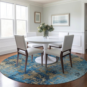 HomeRoots 8' Round Abstract Area Rug in Blue & Beige - Stylish, Washable, and Durable for Indoor/Outdoor Use 621034