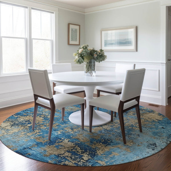 HomeRoots 8' Round Abstract Area Rug in Blue & Beige - Stylish, Washable, and Durable for Indoor/Outdoor Use 621034