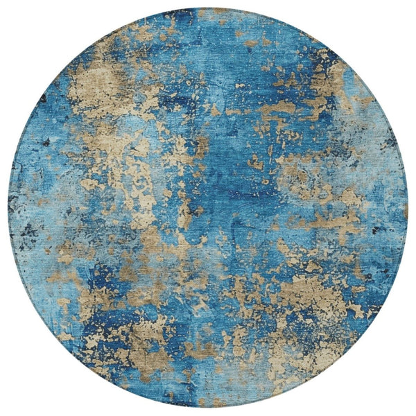 HomeRoots 8' Round Abstract Area Rug in Blue & Beige - Stylish, Washable, and Durable for Indoor/Outdoor Use 621034