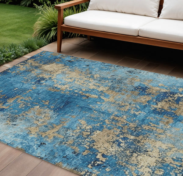 HomeRoots 9' X 12' Blue and Beige Abstract Area Rug - Washable, Durable, Modern Design for Indoor & Outdoor Use 621036