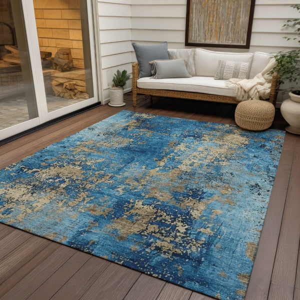 HomeRoots 9' X 12' Blue and Beige Abstract Area Rug - Washable, Durable, Modern Design for Indoor & Outdoor Use 621036