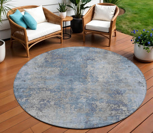 HomeRoots 8' Denim Blue and Silver Abstract Area Rug - Machine Washable, Stain-Resistant for Indoor/Outdoor Use 621046