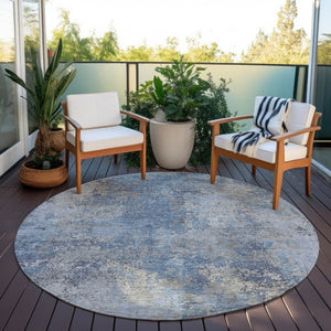 HomeRoots 8' Denim Blue and Silver Abstract Area Rug - Machine Washable, Stain-Resistant for Indoor/Outdoor Use 621046