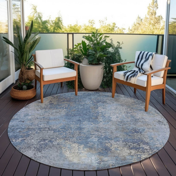 HomeRoots 8' Denim Blue and Silver Abstract Area Rug - Machine Washable, Stain-Resistant for Indoor/Outdoor Use 621046