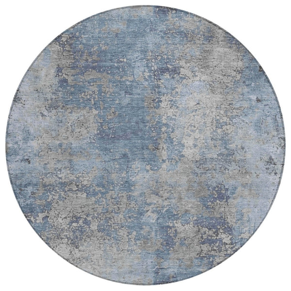 HomeRoots 8' Denim Blue and Silver Abstract Area Rug - Machine Washable, Stain-Resistant for Indoor/Outdoor Use 621046