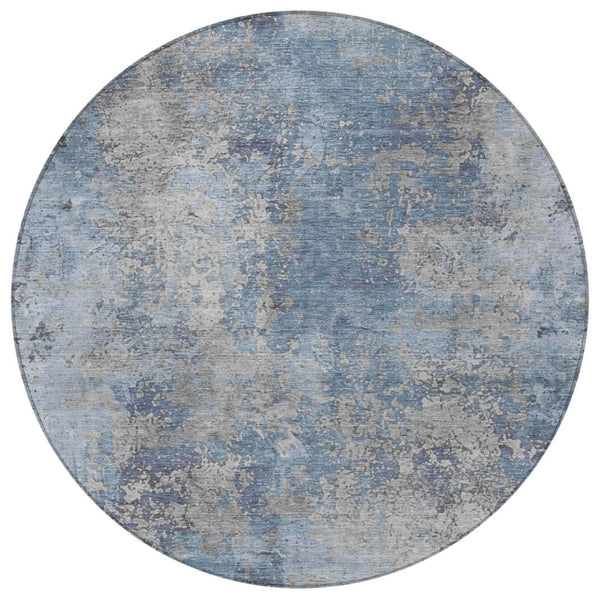 HomeRoots 8' Denim Blue and Silver Abstract Area Rug - Machine Washable, Stain-Resistant for Indoor/Outdoor Use 621046
