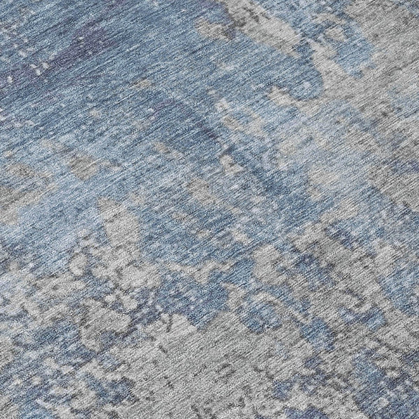 HomeRoots 8' Denim Blue and Silver Abstract Area Rug - Machine Washable, Stain-Resistant for Indoor/Outdoor Use 621046