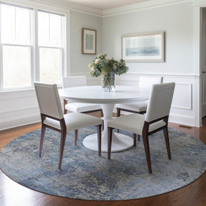 HomeRoots 8' Denim Blue and Silver Abstract Area Rug - Machine Washable, Stain-Resistant for Indoor/Outdoor Use 621046