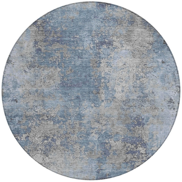 HomeRoots 8' Denim Blue and Silver Abstract Area Rug - Machine Washable, Stain-Resistant for Indoor/Outdoor Use 621046