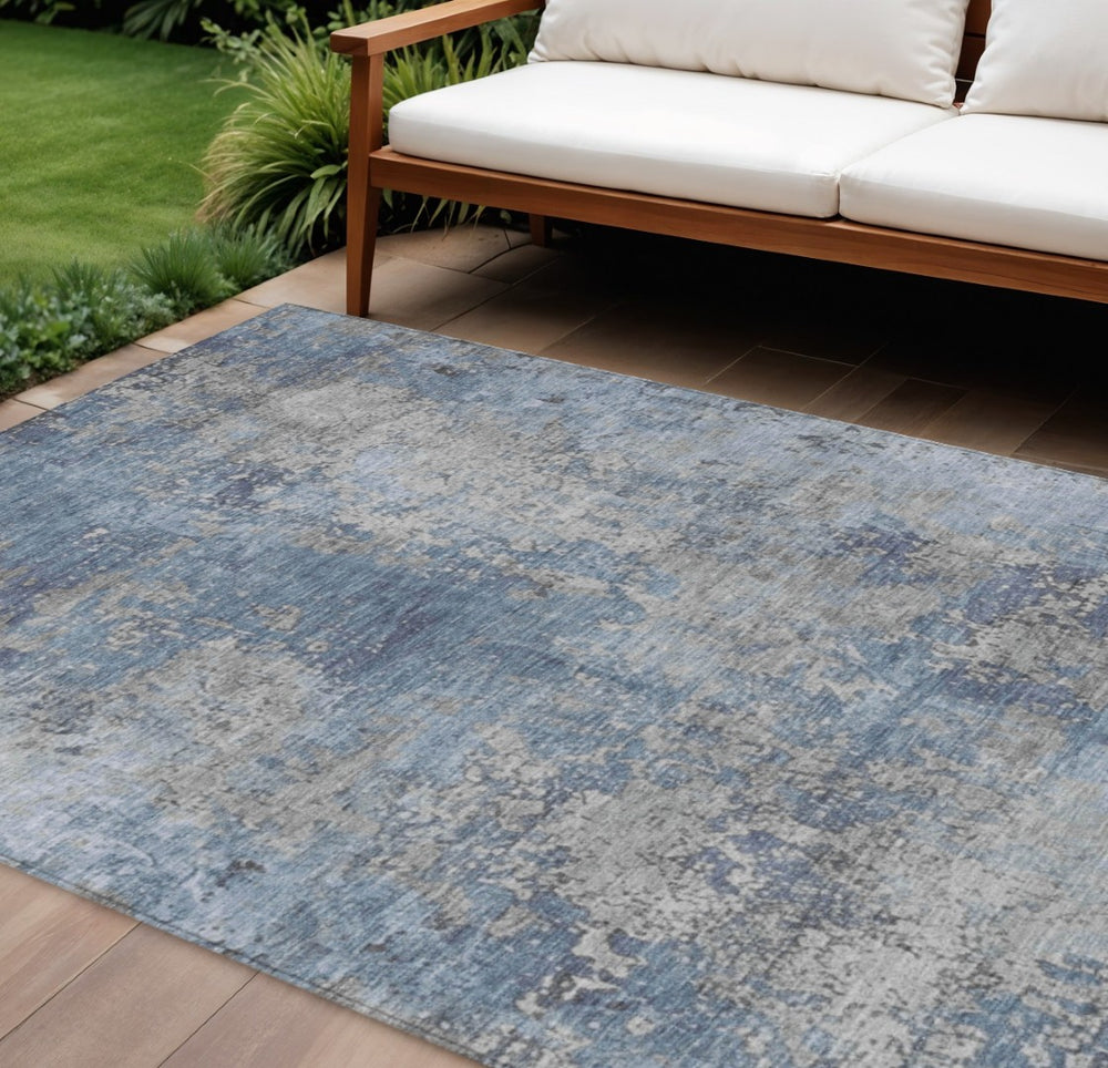 HomeRoots 8' X 10' Denim Blue & Silver Abstract Washable Area Rug – Durable, Stylish for Indoor & Outdoor Use 621047