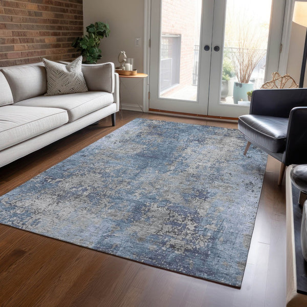HomeRoots 10' Denim Blue & Silver Abstract Area Rug - Washable, Durable Indoor/Outdoor Solution for Modern Spaces 621049