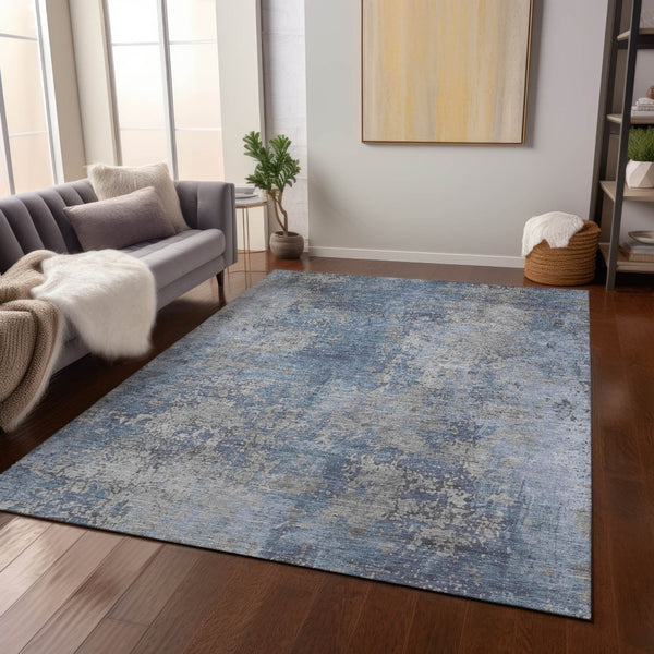 HomeRoots 10' Denim Blue & Silver Abstract Area Rug - Washable, Durable Indoor/Outdoor Solution for Modern Spaces 621049