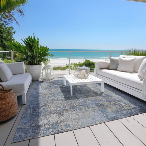 HomeRoots 10' Denim Blue & Silver Abstract Area Rug - Washable, Durable Indoor/Outdoor Solution for Modern Spaces 621049