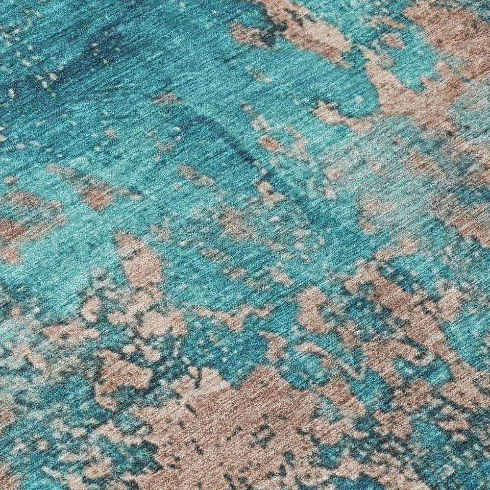 HomeRoots 5' Teal Blue & Beige Abstract Area Rug - Washable, Durable Design for Indoor & Outdoor Spaces 621069