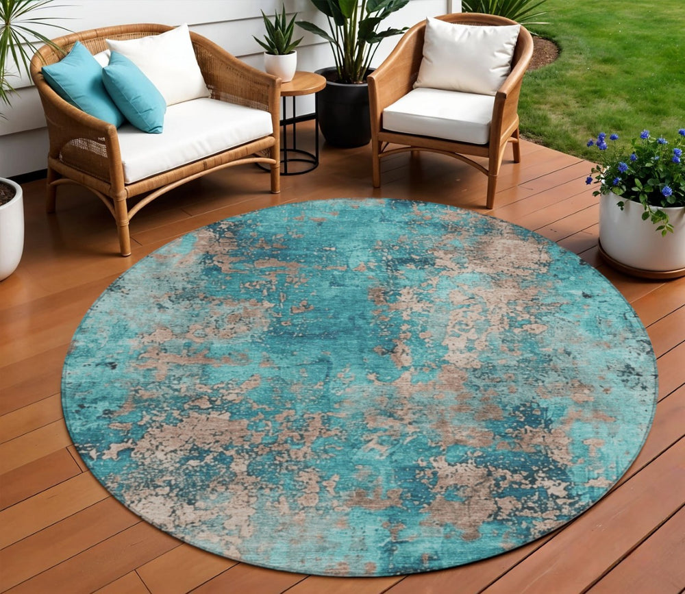 HomeRoots 8' Teal Blue and Beige Round Abstract Area Rug – Stylish, Washable, Indoor/Outdoor, Durable Décor Piece 621070