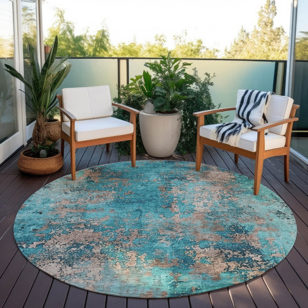 HomeRoots 8' Teal Blue and Beige Round Abstract Area Rug – Stylish, Washable, Indoor/Outdoor, Durable Décor Piece 621070
