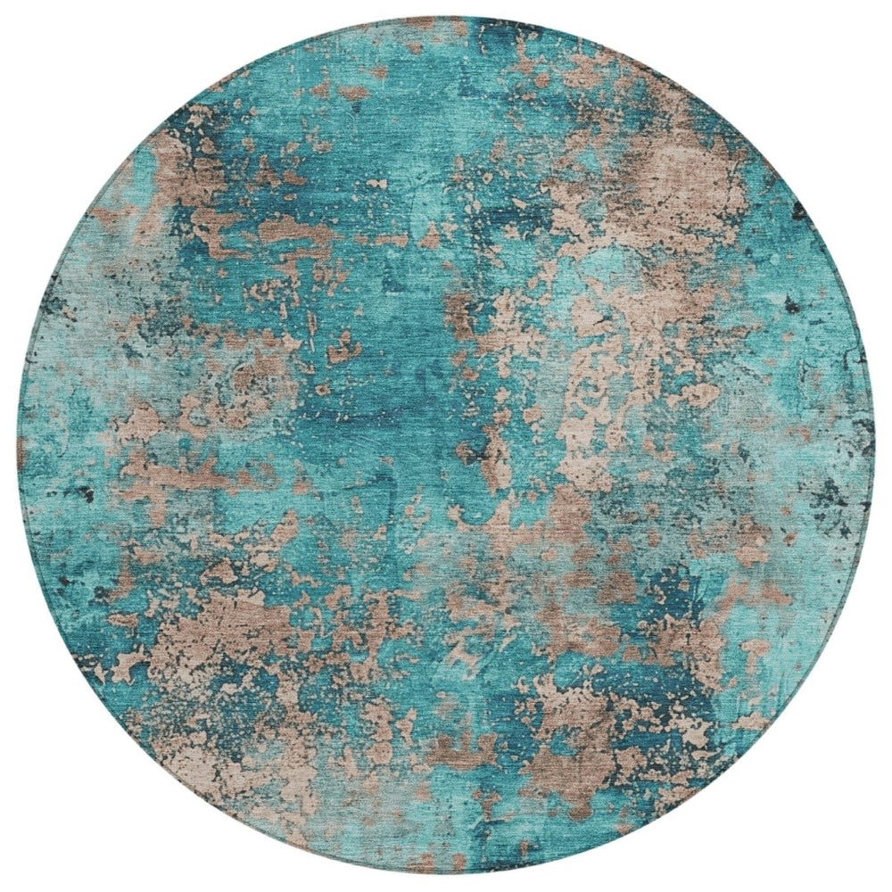 HomeRoots 8' Teal Blue and Beige Round Abstract Area Rug – Stylish, Washable, Indoor/Outdoor, Durable Décor Piece 621070