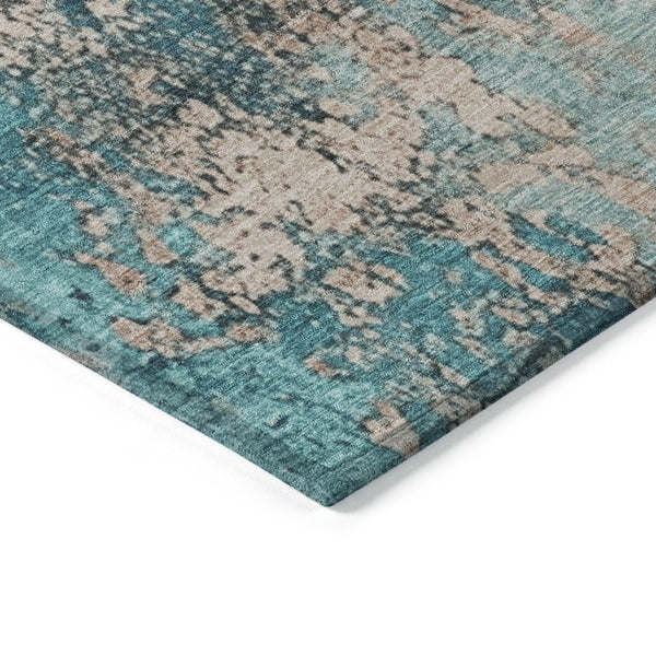 HomeRoots 8' Teal Blue and Beige Round Abstract Area Rug – Stylish, Washable, Indoor/Outdoor, Durable Décor Piece 621070