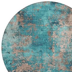 HomeRoots 8' Teal Blue and Beige Round Abstract Area Rug – Stylish, Washable, Indoor/Outdoor, Durable Décor Piece 621070