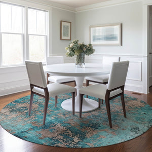 HomeRoots 8' Teal Blue and Beige Round Abstract Area Rug – Stylish, Washable, Indoor/Outdoor, Durable Décor Piece 621070
