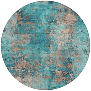 HomeRoots 8' Teal Blue and Beige Round Abstract Area Rug – Stylish, Washable, Indoor/Outdoor, Durable Décor Piece 621070