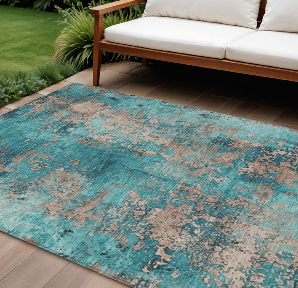 HomeRoots 8' X 10' Teal Blue & Beige Abstract Area Rug - Washable, Durable, Stylish for Indoor & Outdoor Use! 621071