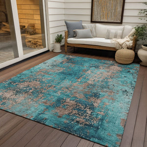 HomeRoots 8' X 10' Teal Blue & Beige Abstract Area Rug - Washable, Durable, Stylish for Indoor & Outdoor Use! 621071