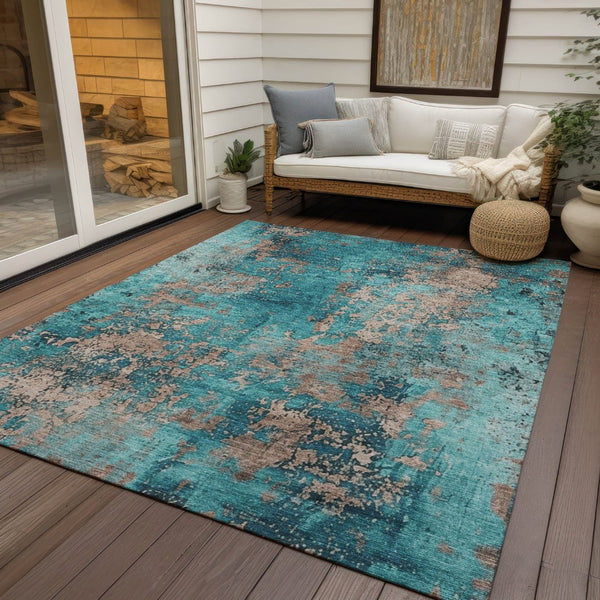 HomeRoots 8' X 10' Teal Blue & Beige Abstract Area Rug - Washable, Durable, Stylish for Indoor & Outdoor Use! 621071