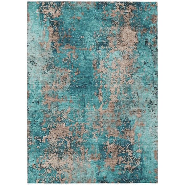 HomeRoots 8' X 10' Teal Blue & Beige Abstract Area Rug - Washable, Durable, Stylish for Indoor & Outdoor Use! 621071