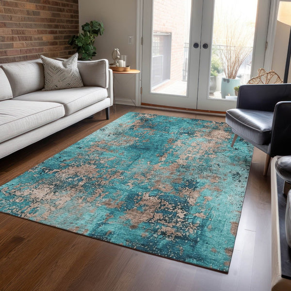 HomeRoots 8' X 10' Teal Blue & Beige Abstract Area Rug - Washable, Durable, Stylish for Indoor & Outdoor Use! 621071