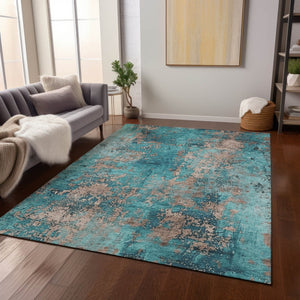 HomeRoots 8' X 10' Teal Blue & Beige Abstract Area Rug - Washable, Durable, Stylish for Indoor & Outdoor Use! 621071