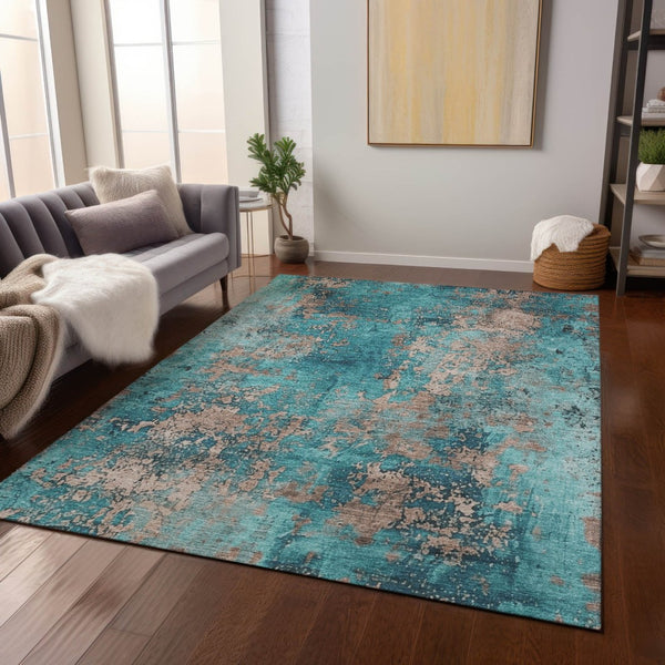 HomeRoots 8' X 10' Teal Blue & Beige Abstract Area Rug - Washable, Durable, Stylish for Indoor & Outdoor Use! 621071