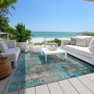 HomeRoots 8' X 10' Teal Blue & Beige Abstract Area Rug - Washable, Durable, Stylish for Indoor & Outdoor Use! 621071