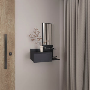 English Elm Vienna Floating Mirror Console Table with 3-Tier Shelves, Full-Extension Drawer, Modern Entryway Charm Black 31.5 L x 18.2 W x 6 H B200P240256