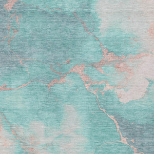HomeRoots 5' Stylish Teal Blue, Peach & Ivory Abstract Washable Indoor/Outdoor Area Rug for Versatile Spaces 621093