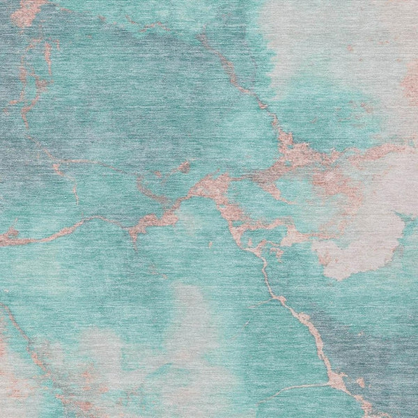 HomeRoots 5' Stylish Teal Blue, Peach & Ivory Abstract Washable Indoor/Outdoor Area Rug for Versatile Spaces 621093
