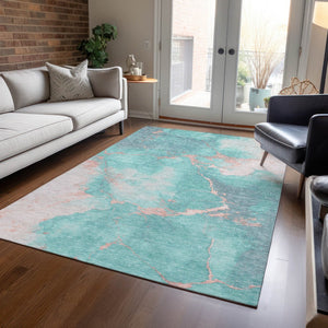 HomeRoots 5' Stylish Teal Blue, Peach & Ivory Abstract Washable Indoor/Outdoor Area Rug for Versatile Spaces 621093