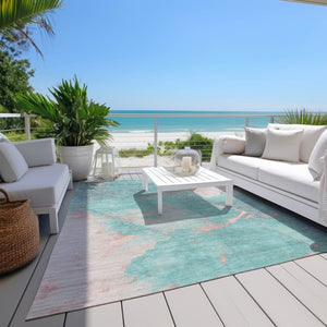 HomeRoots 5' Stylish Teal Blue, Peach & Ivory Abstract Washable Indoor/Outdoor Area Rug for Versatile Spaces 621093