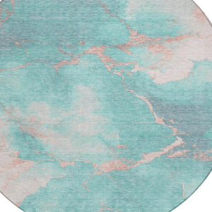 HomeRoots 8' Teal Blue Peach & Ivory Round Abstract Area Rug - Durable, Washable, Perfect for Indoor & Outdoor Spaces 621094
